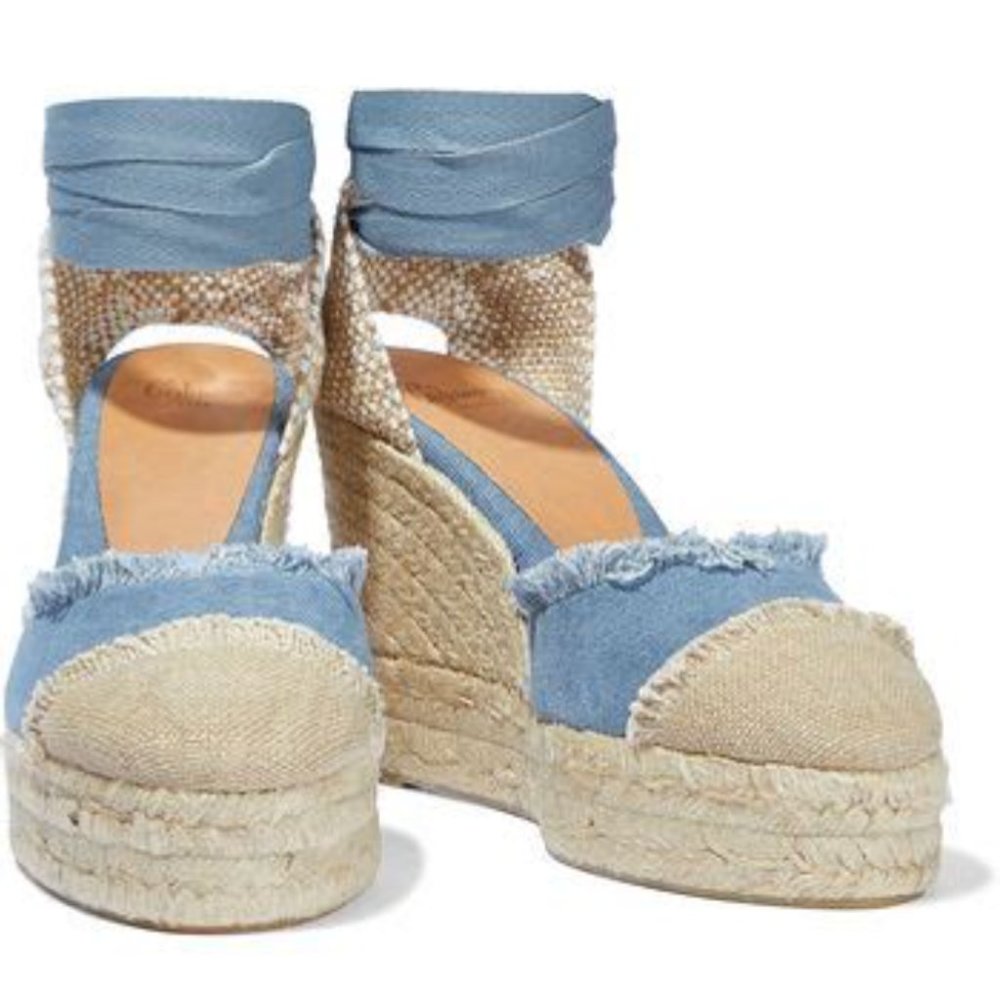 CASTAÑER Catalina 80 frayed canvas wedge espadrilles in Blue Denim EU 41/US 11